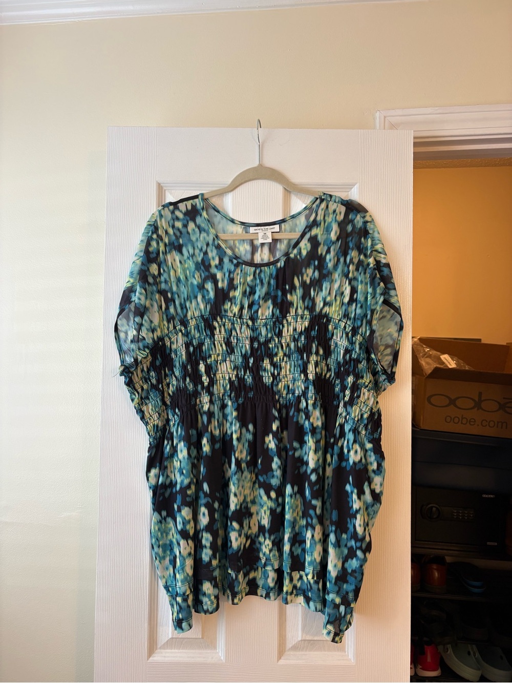 Koret Teal and Navy Floral Smocked Scoop Neck Blouse
